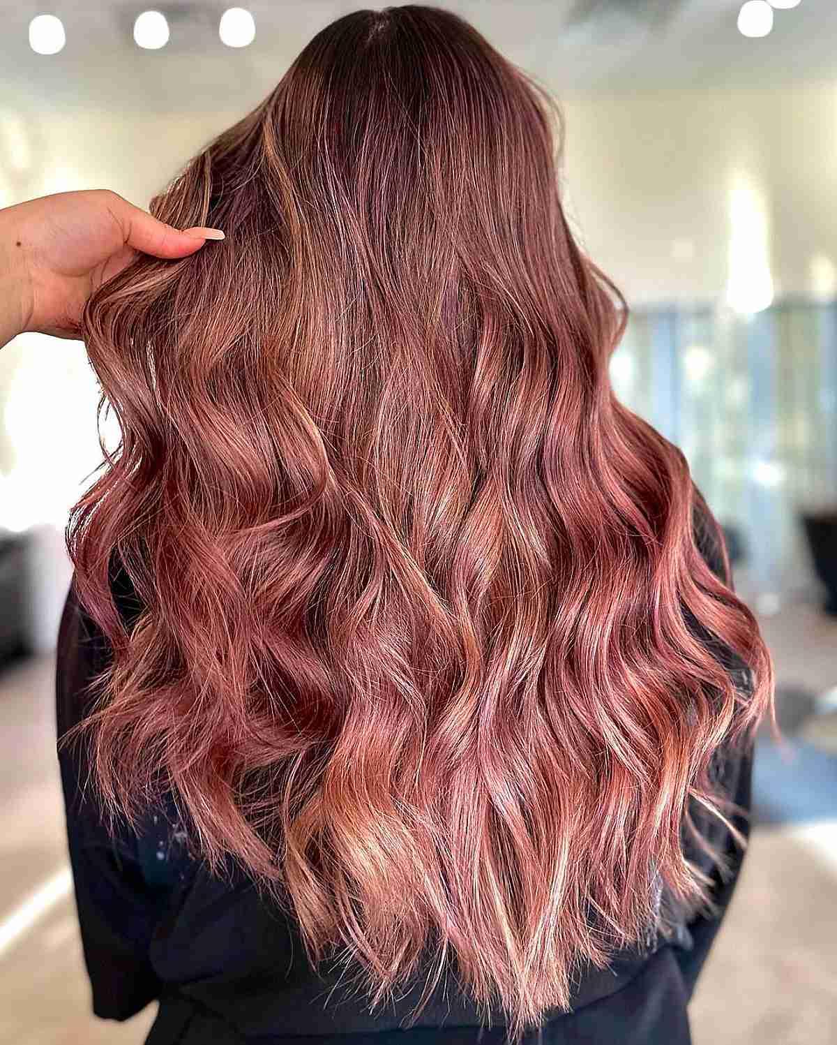 Burgundy Rose Gold Balayage Wavy Hair