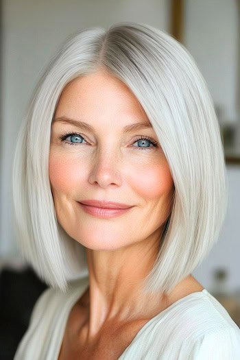 Center-Parted Blunt Bob Haircut on a beautiful woman with silver hair.