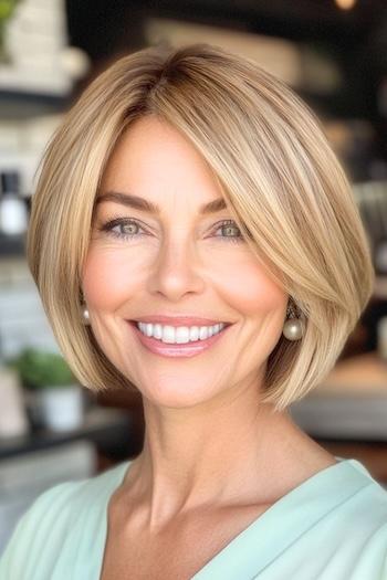 Chin-Length Bob Haircut on a smiling woman with brown hair.