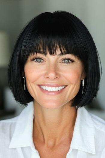 Chin-Length Bob with Bangs Haircut on a smiling woman with brown-black hair.