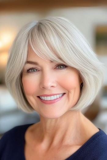 Chin-Length Bob with Side-Swept Bangs Haircut on a smiling older woman with silvery blonde hair.