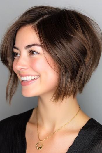 Chin-Length Choppy Bob Hairstyle on a smiling woman with brown hair, side view.