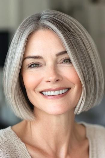 Chin-Length Silver Blunt Bob Haircut on a smiling woman in her 50s with straight gray hair.