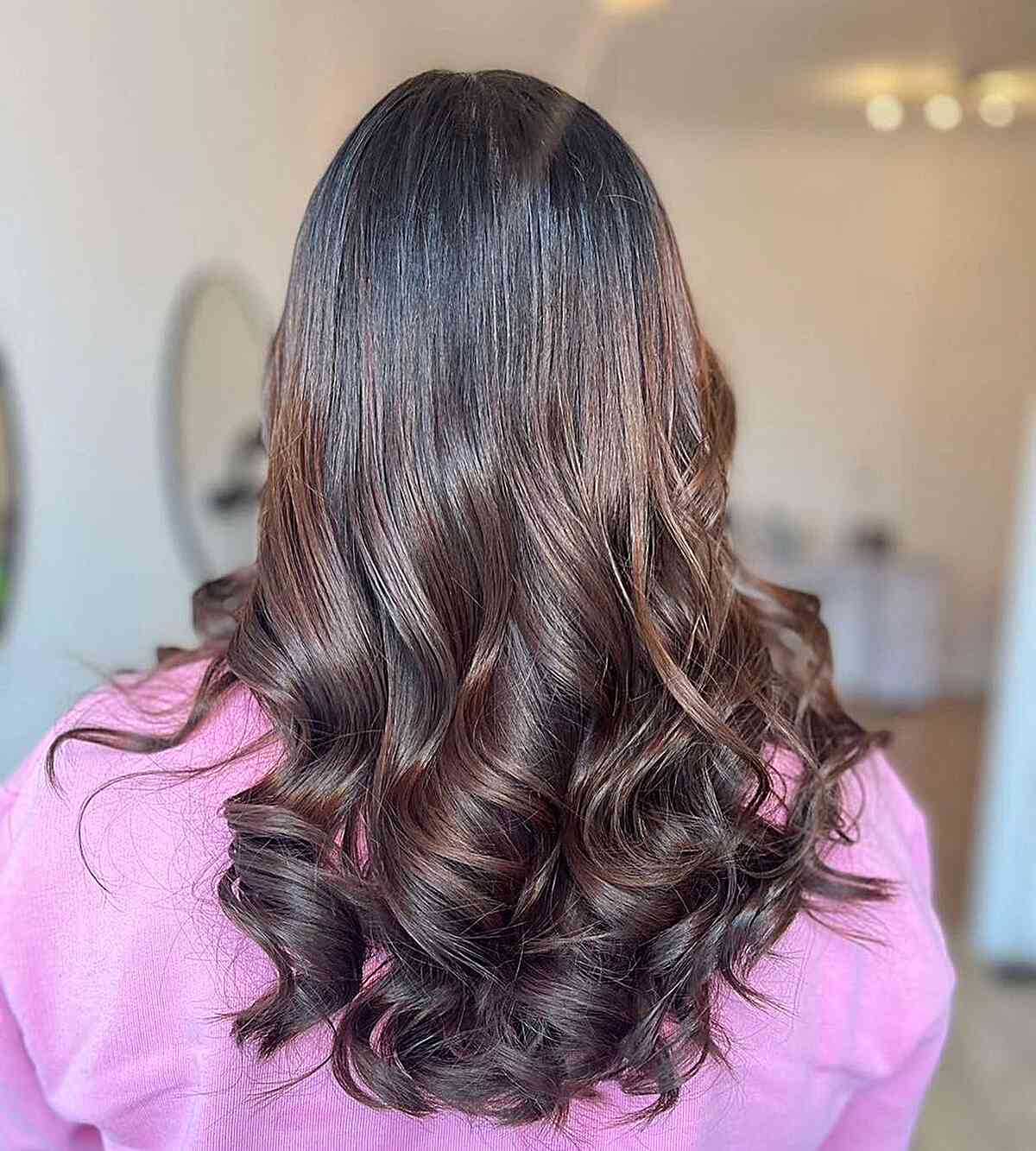 Chocolate Mocha Balayage Hair Color with Mid to Long Waves