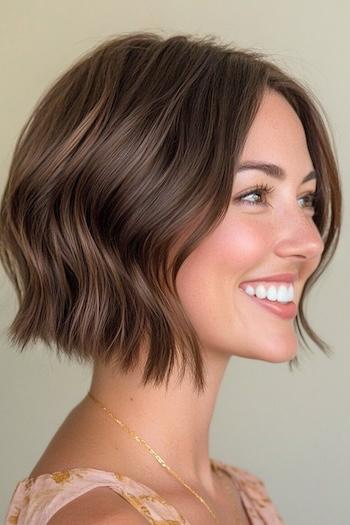 Choppy Blunt Bob with Razored Ends Hairstyle on a smiling woman with brown hair, side view.