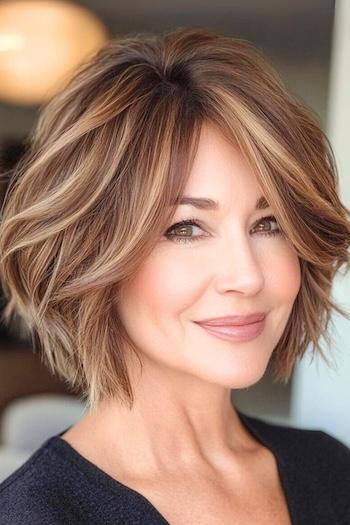 Choppy Bob with Chunky Highlights Hairstyle on a smiling older woman with highlighted brown hair.