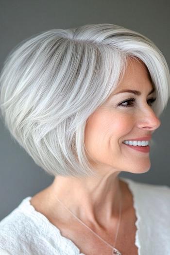 Choppy Bob with Feathered Layers Hairstyle on a smiling woman with light gray hair, side view.