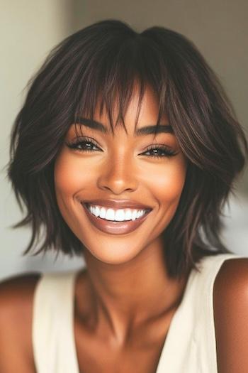 Choppy Bob with Textured Fringe Hairstyle on a smiling black woman with dark brown hair.