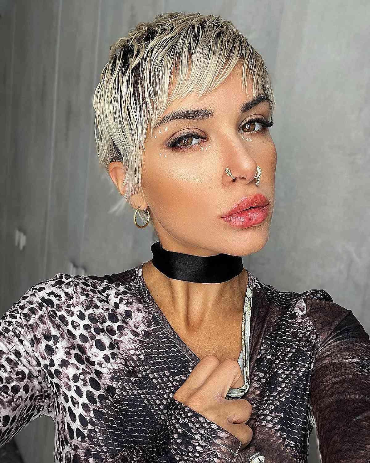 Choppy Bright Blonde Pixie with Dark Roots