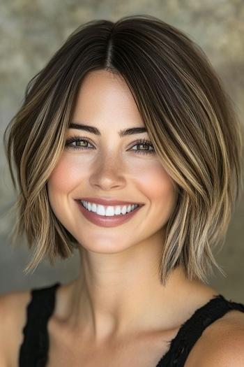 Choppy Highlighted Blunt Bob with Volume Haircut on a smiling woman with brown hair and blonde highlights near the tips.