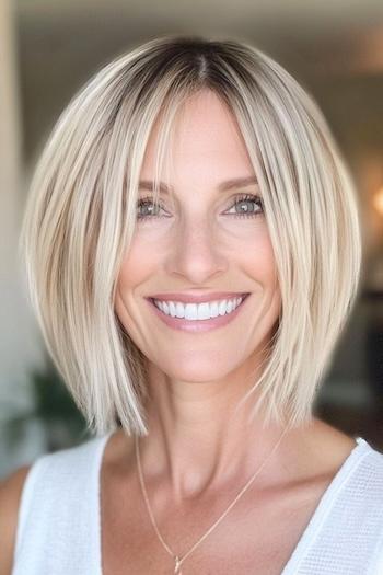 Choppy Layered Bob with Wispy Ends Hairstyle on a smiling woman with blonde hair.