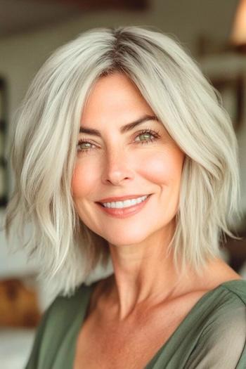 Choppy Long Bob with Texture Hairstyle on a smiling woman with blondish-gray hair.