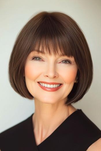 Classic Bob with Wispy Bangs Haircut on a smiling older woman with brown hair.