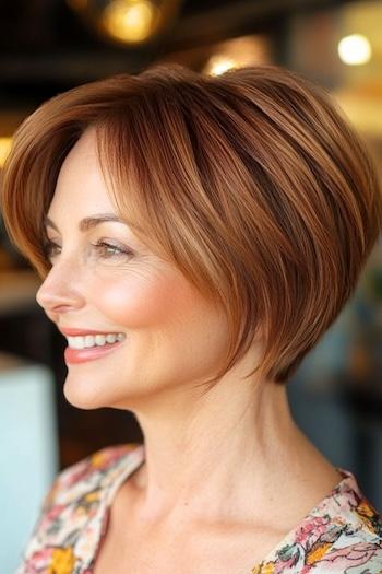 Cropped Wedge Cut Haircut on a smiling woman with golden brown hair, side view.