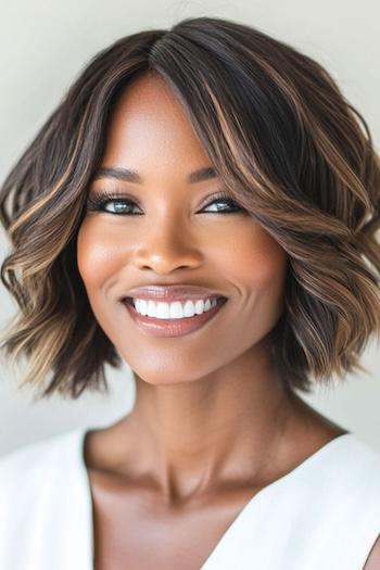 Curled Blunt Bob with Highlights Haircut on a smiling black woman with highlighted brown hair.