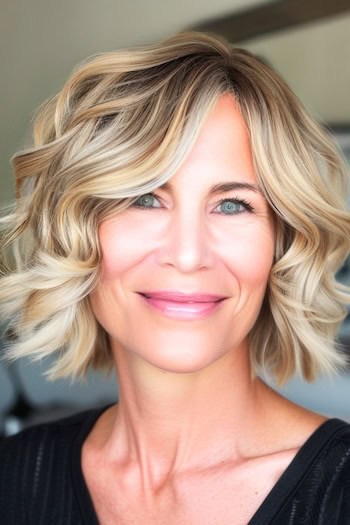 Curly Bob Hairstyle on a smiling woman with blonde hair. 