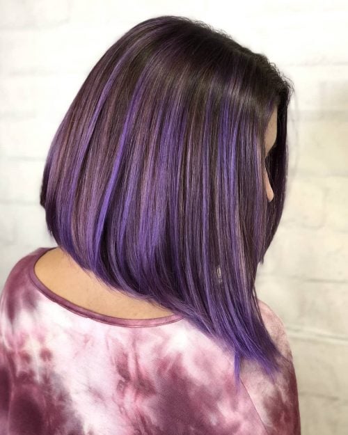 Dark Brown Hair with Purple Highlights on a Bob Cut