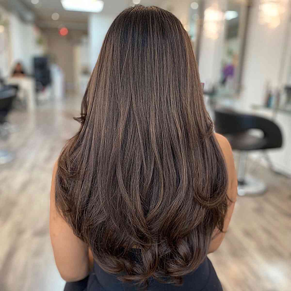 Dark Chocolate Ash Brown Balayage on Long Layered Hair