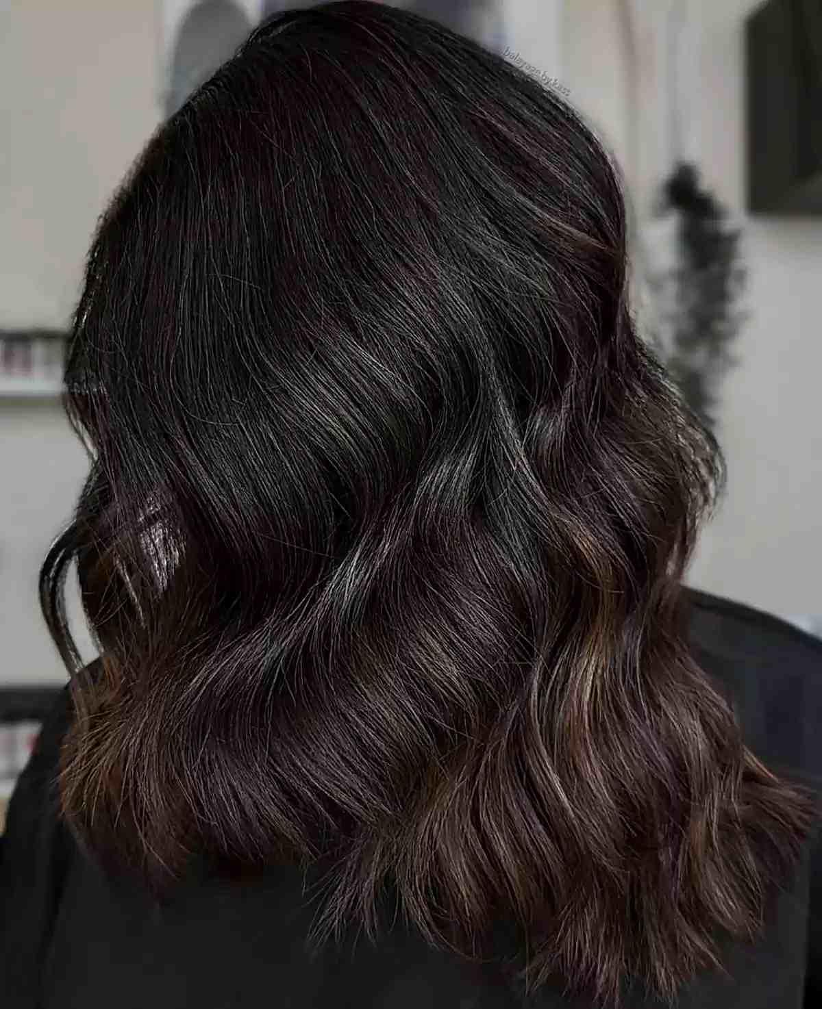 Dark-Rooted Medium Chocolate Brown Balayage with Choppy Waves