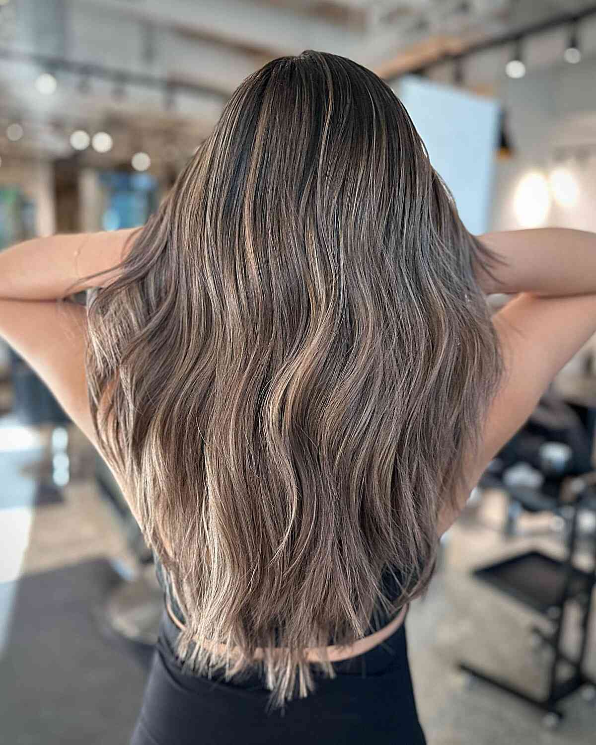 Dark Roots and Ash Brown Balayage Mushroom Color for Long Textured Hair