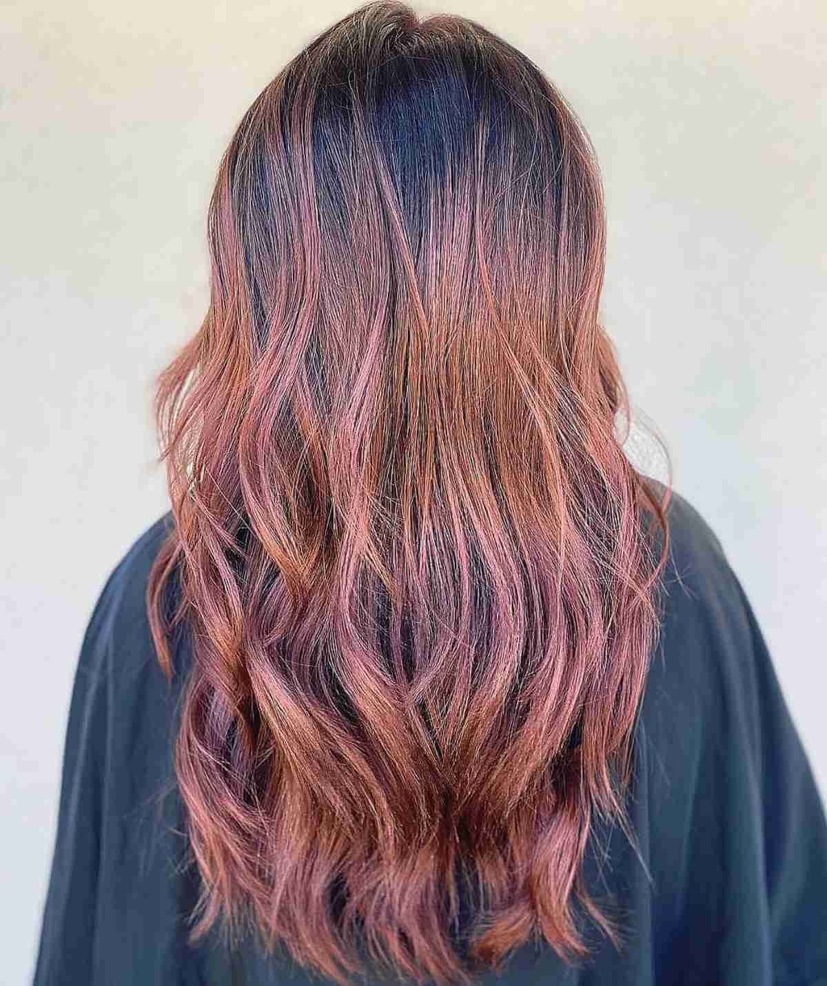 Dark Rose Gold Balayage on Long Layered Hair