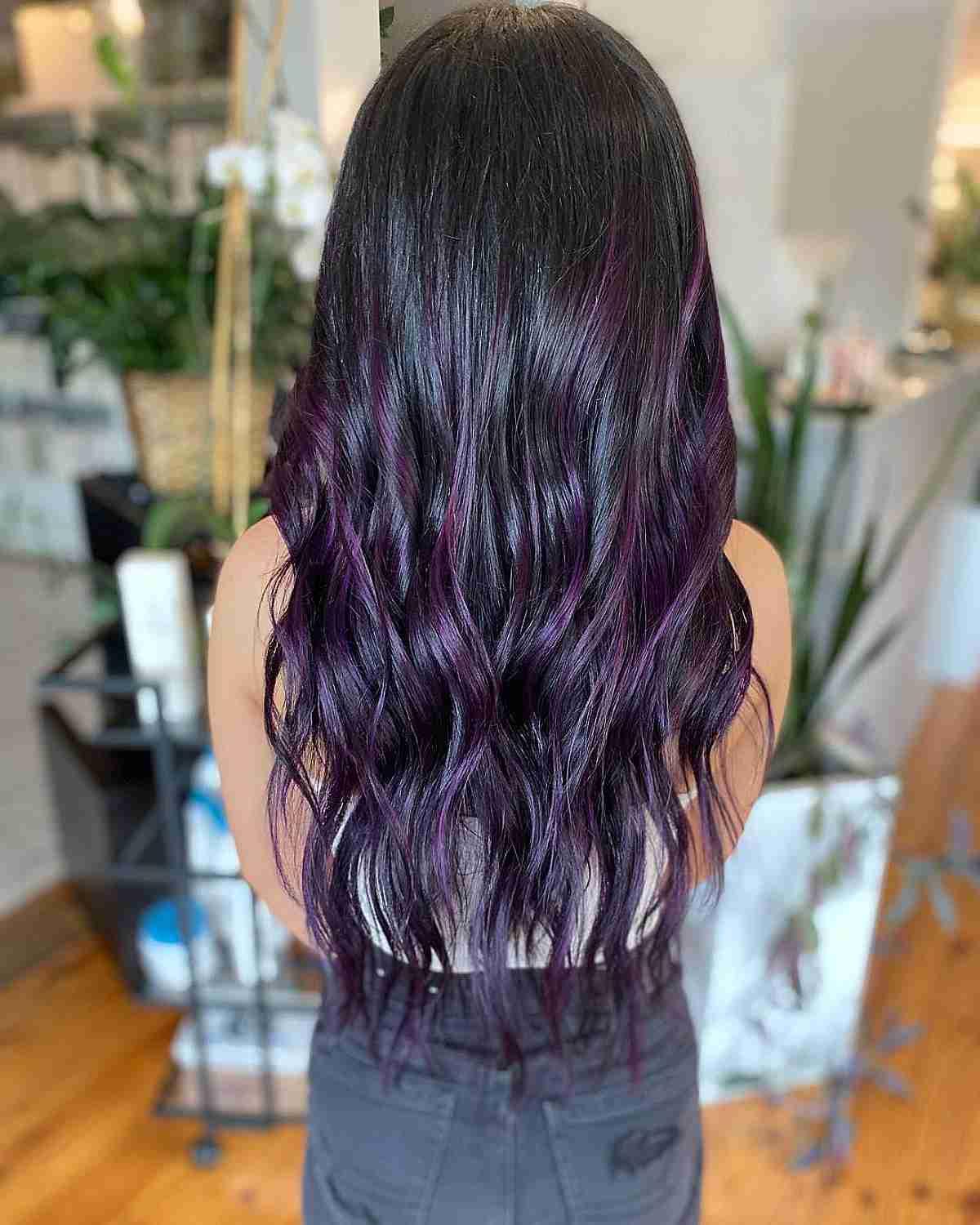 Dark Violet Purple Balayage Highlights on Black Hair