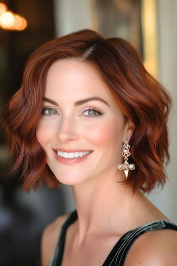 Deep Copper Wavy Bob Haircut on a smiling woman with dark copper red hair.