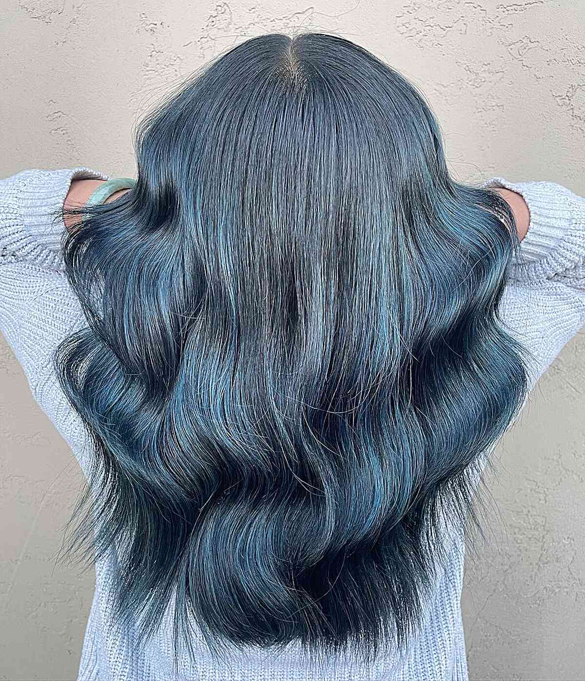 Denim Blue Balayage Highlights for Thick Hair with Mid-Length Cut