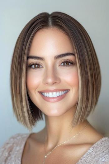 Face-Framing Blunt Bob Haircut on a smiling young woman with brown hair.