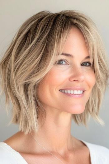 Face-Framing Choppy Bob Hairstyle on a smiling woman with light brown hair and highlights.