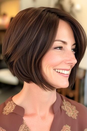 Face-Framing Layered Bob Haircut on a smiling woman with brown hair, side view.