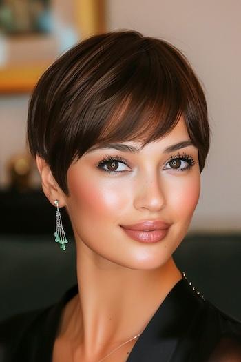 Face-Framing Pixie with Bangs Haircut on a young woman with brown hair.