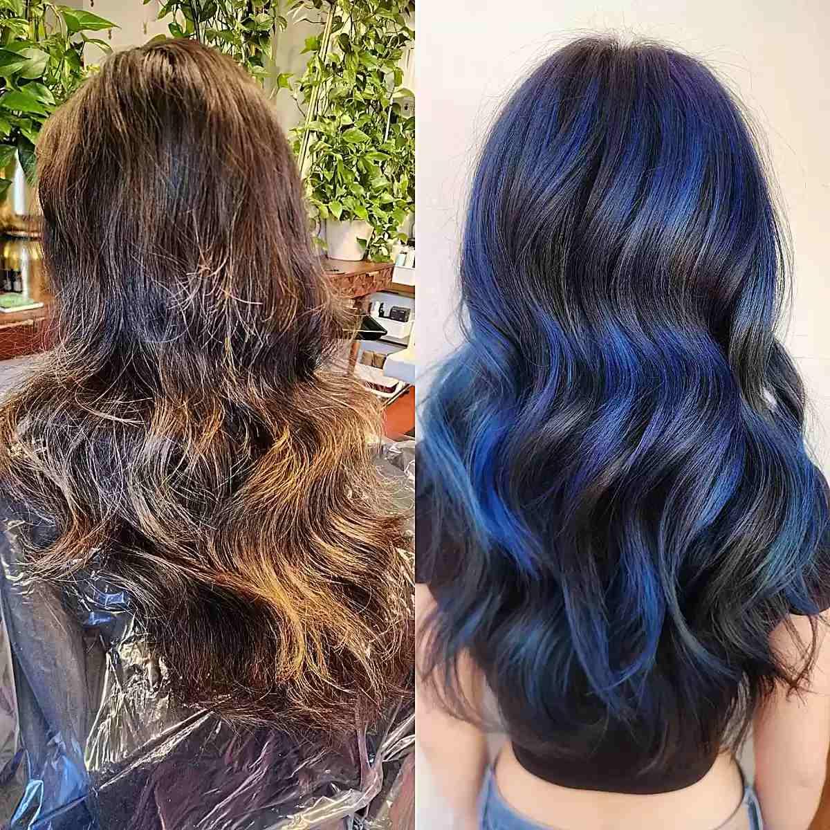 Gorgeous Black and Dark Midnight Blue Hair for women with long wavy hair