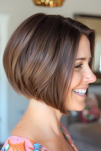 Graduated Bob Hairstyle on a smiling woman with brown hair, side view.