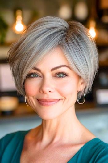 High-Volume Pixie Bob Haircut on a smiling woman with medium gray hair.