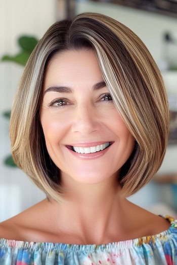 Highlighted Bob Hairstyle on a smiling woman with brown hair and blonde highlights.