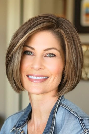 Highlighted Bob with Side Part Hairstyle on a smiling woman with brown hair and blonde highlights.