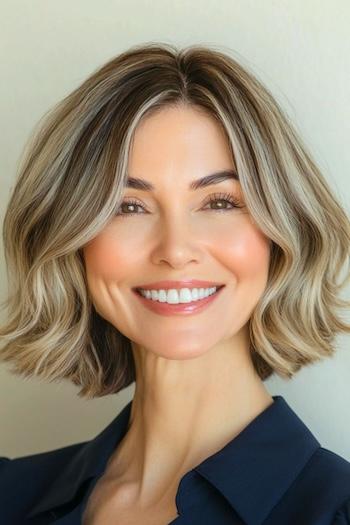 Highlighted Wavy Blunt Bob Haircut on a smiling woman with brown hair and blonde highlights.