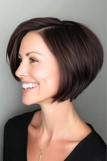 Inverted Bob Haircut on a smiling woman with brown hair, side view.