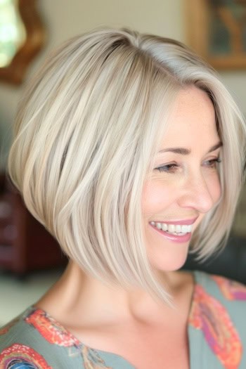 Inverted Bob Hairstyle on a smiling woman with light blonde fine hair.