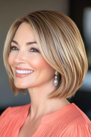 Layered Bob with Highlights Haircut on a smiling woman with brown hair and blonde highlights, side view.