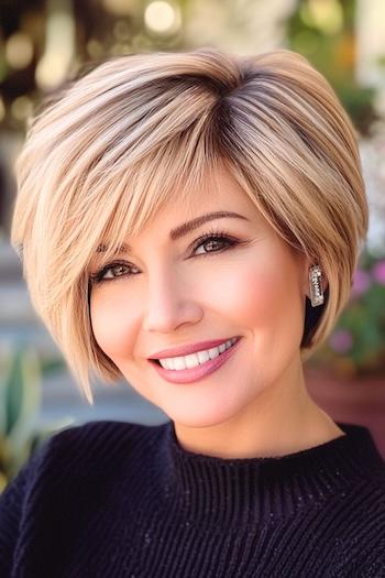 Layered Pixie Bob Haircut on a smiling woman with warm blonde hair.