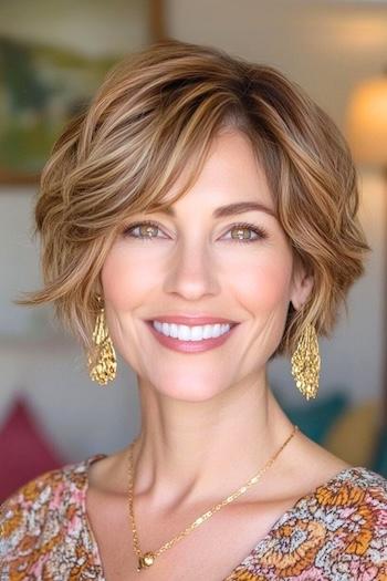 Layered Wavy Pixie Bob Hairstyle on a smiling woman with light brown hair.