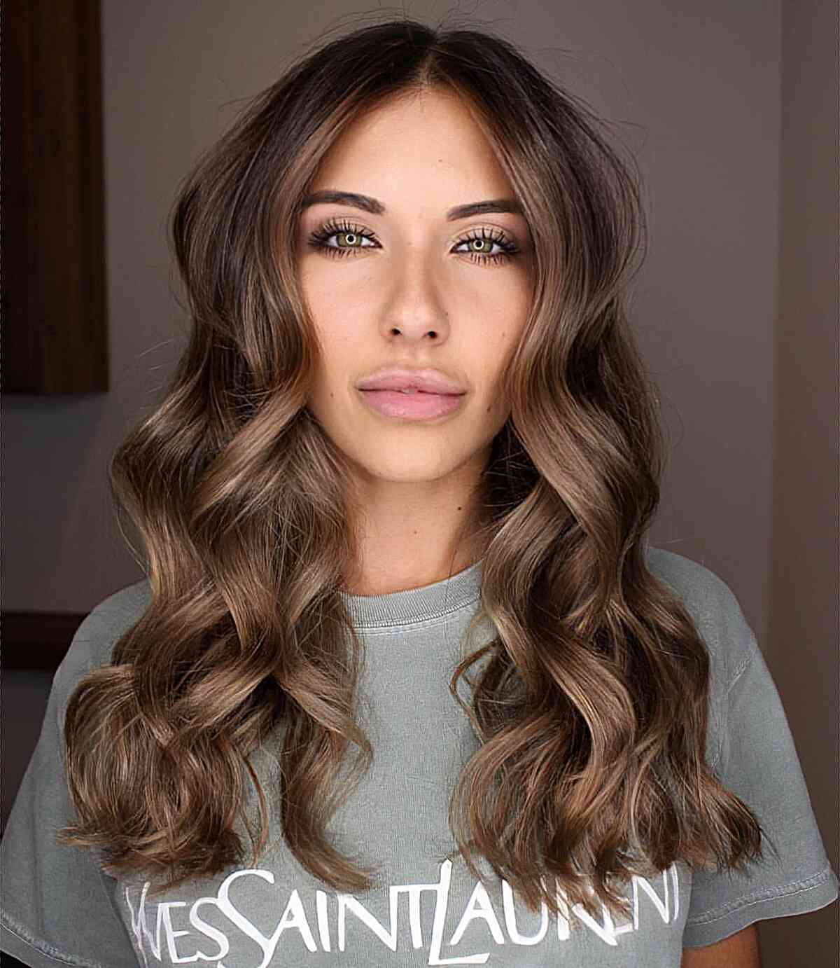 Light Chocolate Brown Balayage with Long Voluminous Waves