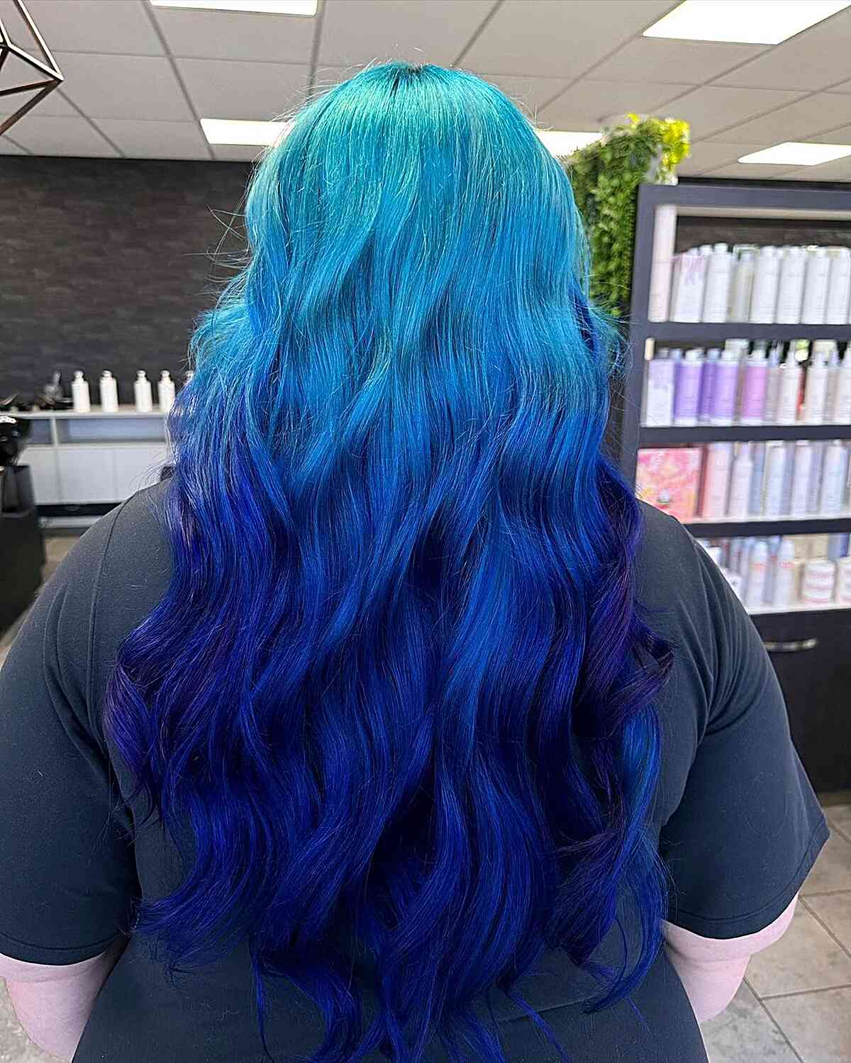 Light to Dark Blue Mermaid Balayage Ombre for Waist-Length Waves