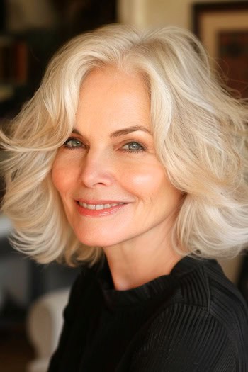 Long Bob with Wispy Layers Hairstyle on a smiling older woman with blonde hair.