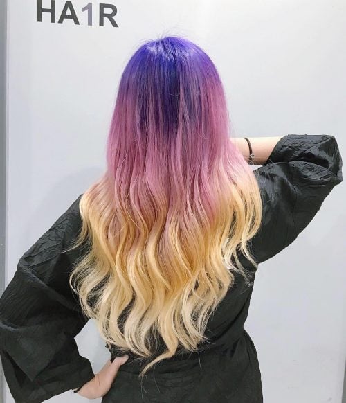 Long hair with purple to yellow ombre 