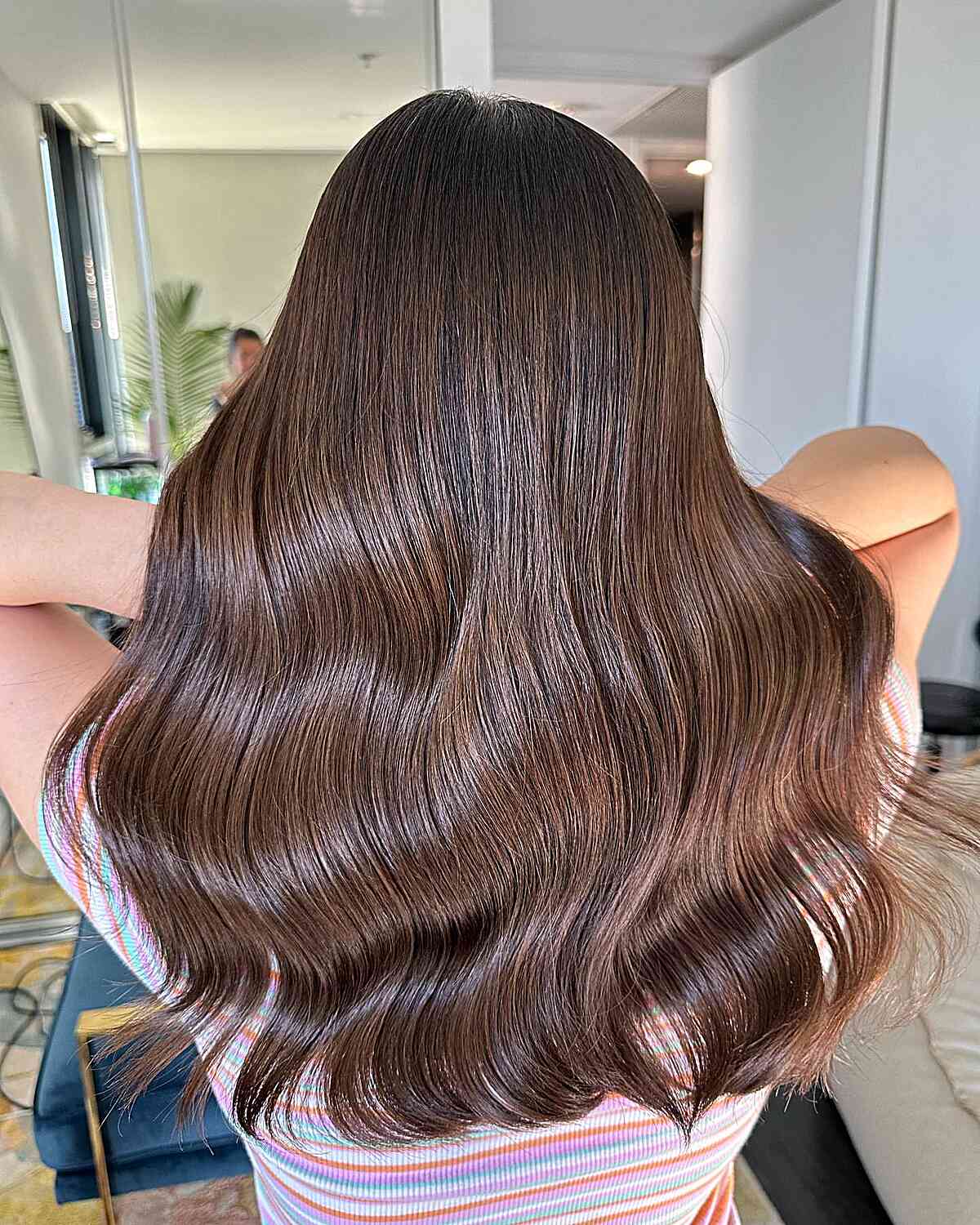 Long-Length Rich and Warm Chocolate Brown Balayage with Dark Roots