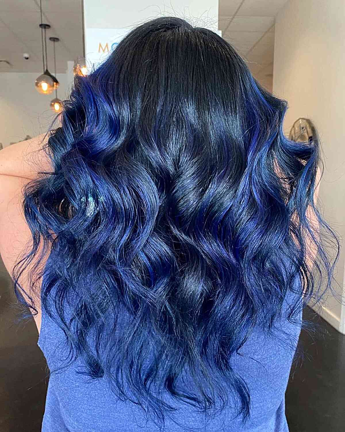 Long-Length Royal Blue Balayage Waves with Dark Base