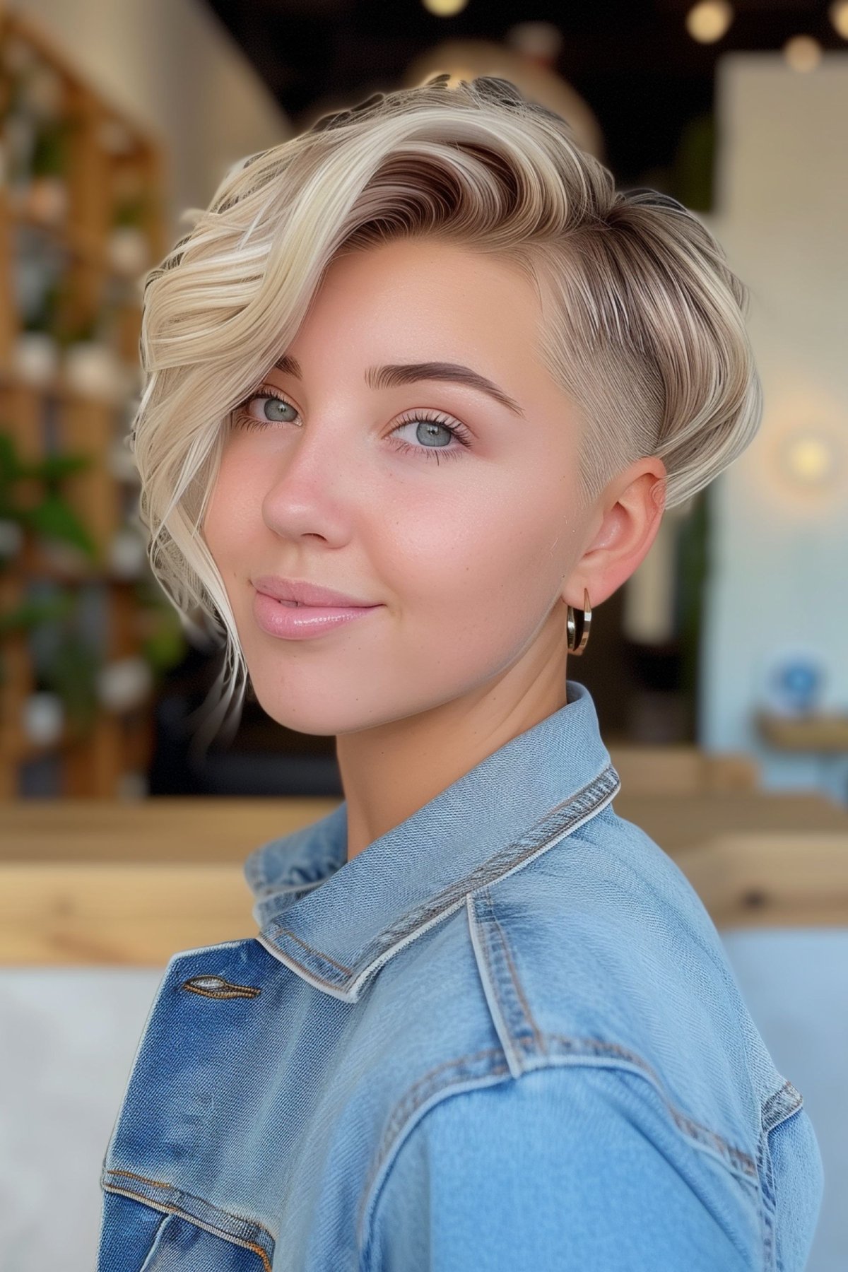 Long pixie cut with a side-swept fringe and undercut, styled in platinum blonde waves for a modern, edgy look